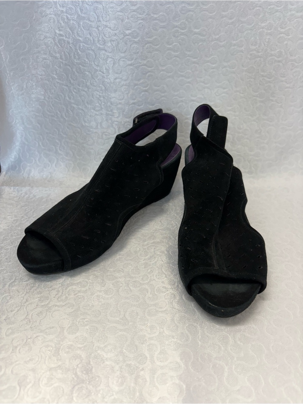 Van Eli Black Suede Peep-Toe Slingback Wedges